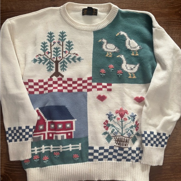 Eddie Bauer Sweaters - Vintage 90s Women’s Eddie Bauer Sweater Farm Flowers Geese And Apple Tree Large